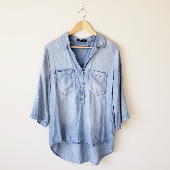Velvet Heart Tops - Light Wash Chambray Button Down Blouse